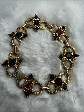 Vtg Joan Rivers Signed Multi-Color Crystal Link Gold Tone Bracelet 7.5"